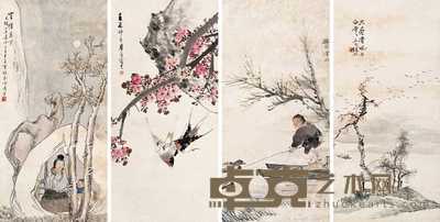 朱偁 曹毓奎 任预 徐小仓 1892年作 山水花鸟人物图 四屏 64.8×31cm×4